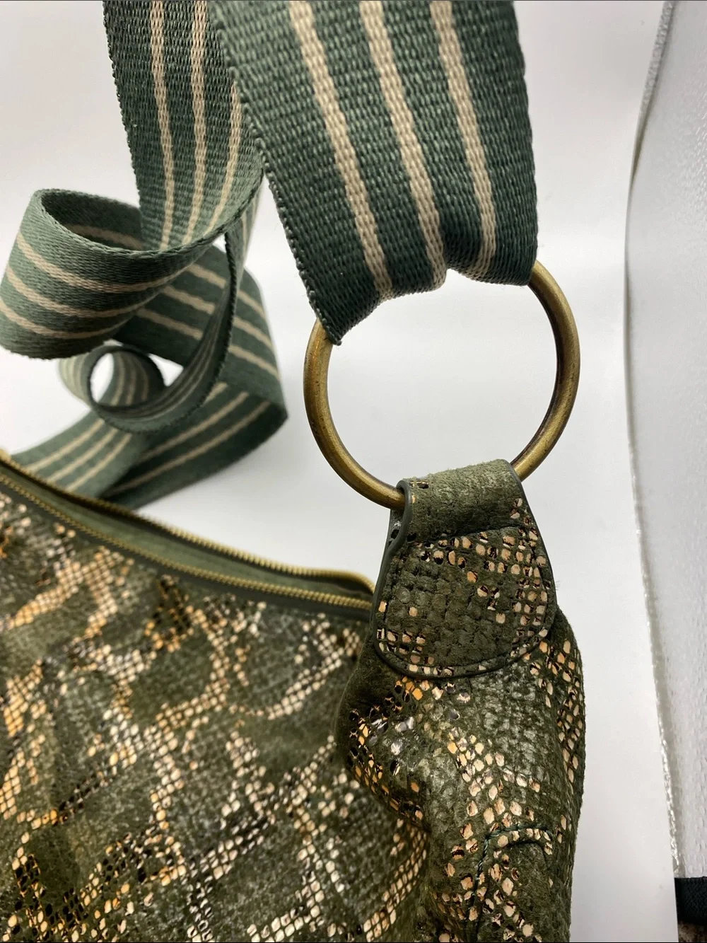 Anthropologie Green Metallic Snake-Print Hobo with Striped Strap